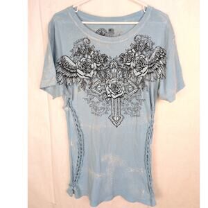 Affliction blue rhinestone lace up top Size Large Y2K Retro Biker Tattoo Grunge